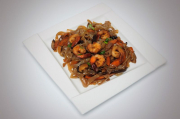 Calorie-free fried no carb noodles with teriyaki fried shrimp and vegetables